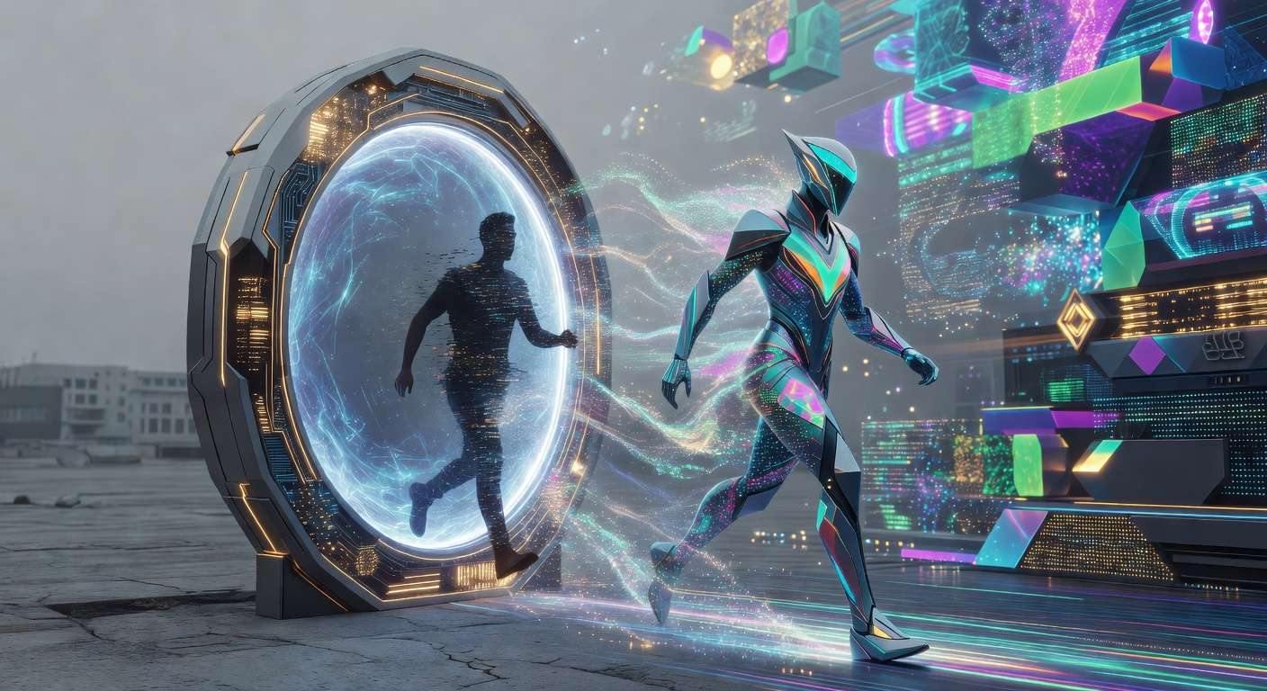Person stepping through a portal from mundane world into vibrant digital world, transforming into a customized avatar — representing avatar-first adoption strategy