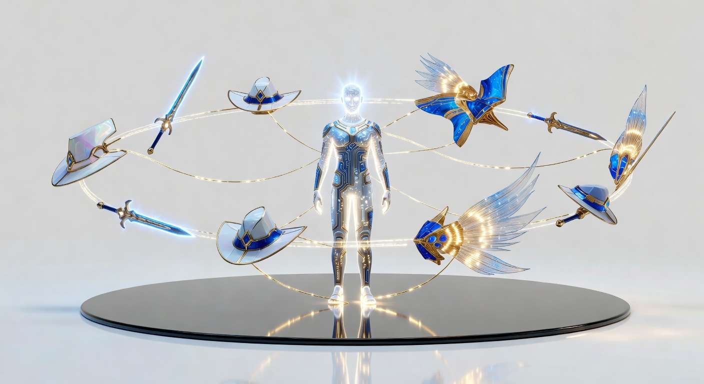 Digital avatar surrounded by orbiting accessories connected by golden energy threads — illustrating how time investment creates psychological ownership through Core Drive 4