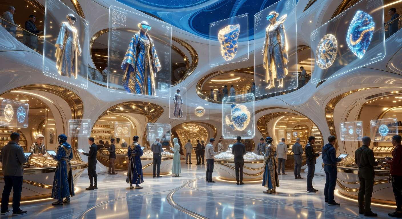 Bustling digital marketplace with holographic storefronts displaying avatar clothing and rare items — illustrating the virtual goods economy built on avatar identity