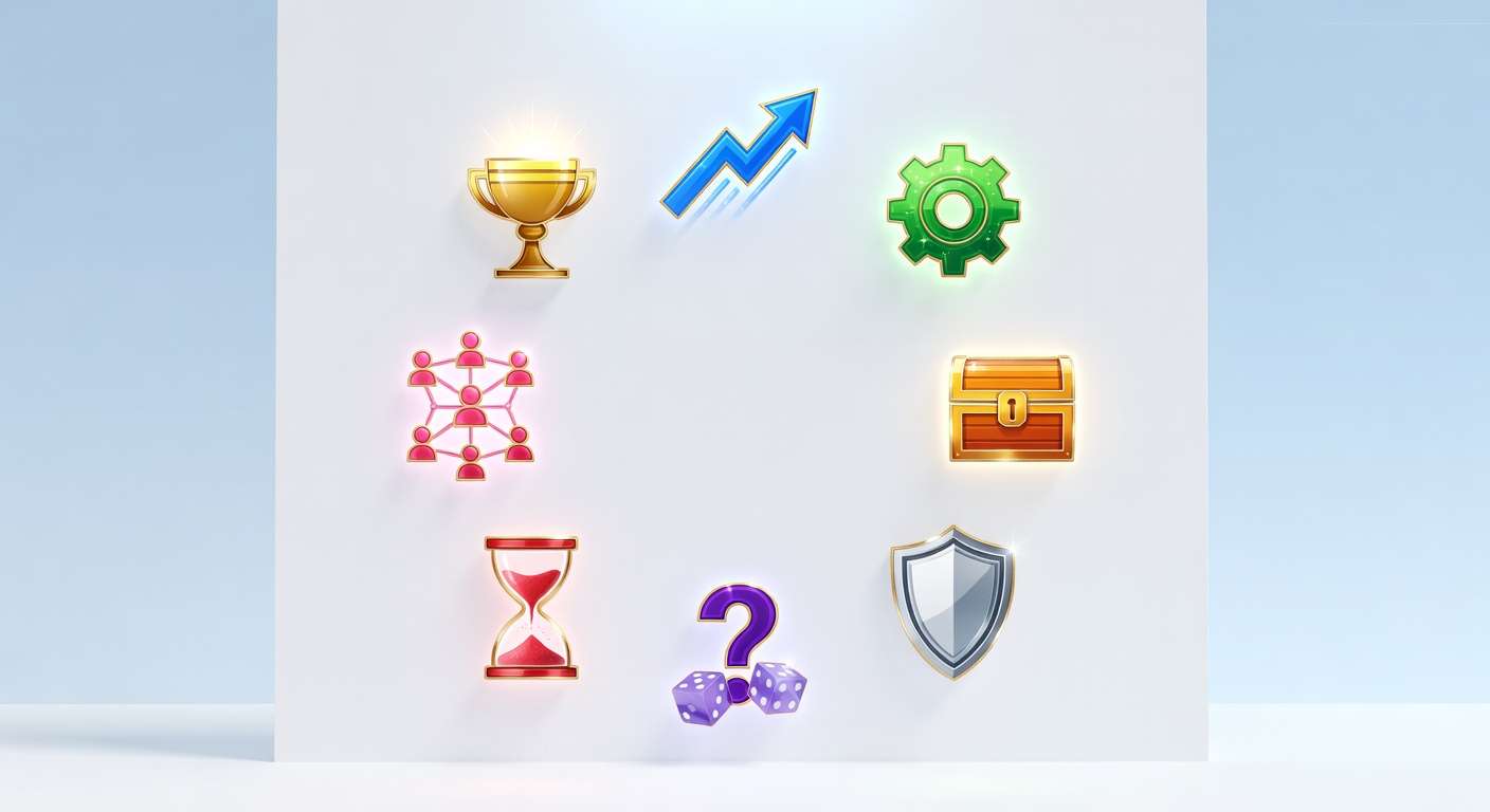 Eight distinct power-up icons representing the Core Drive Booster Taxonomy: purpose chalice (CD1), accomplishment arrow (CD2), strategy gear (CD3), ownership chest (CD4), social network (CD5), scarcity hourglass (CD6), unpredictability dice (CD7), safety shield (CD8)