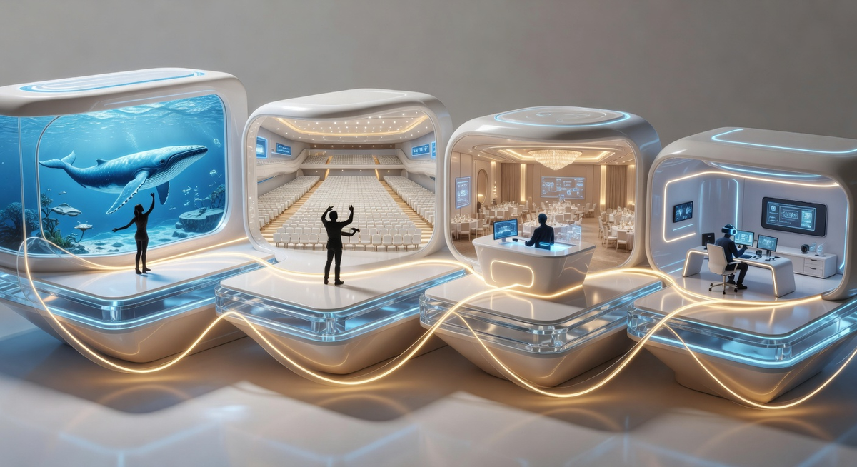 Four career stages (aquarium theater, concert hall, hotel AV booth, YouTuber setup) connected by a single golden thread representing the underlying identity pattern.