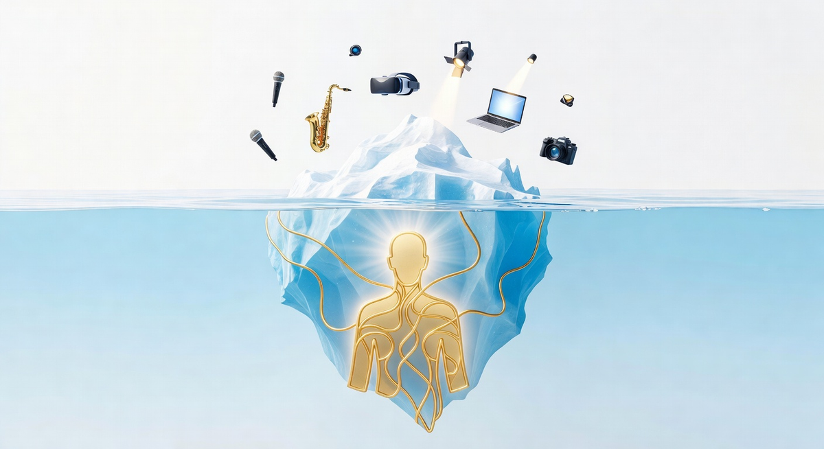 Iceberg illustration showing surface skills (tools above water) versus underlying identity pattern (one unified figure below water).
