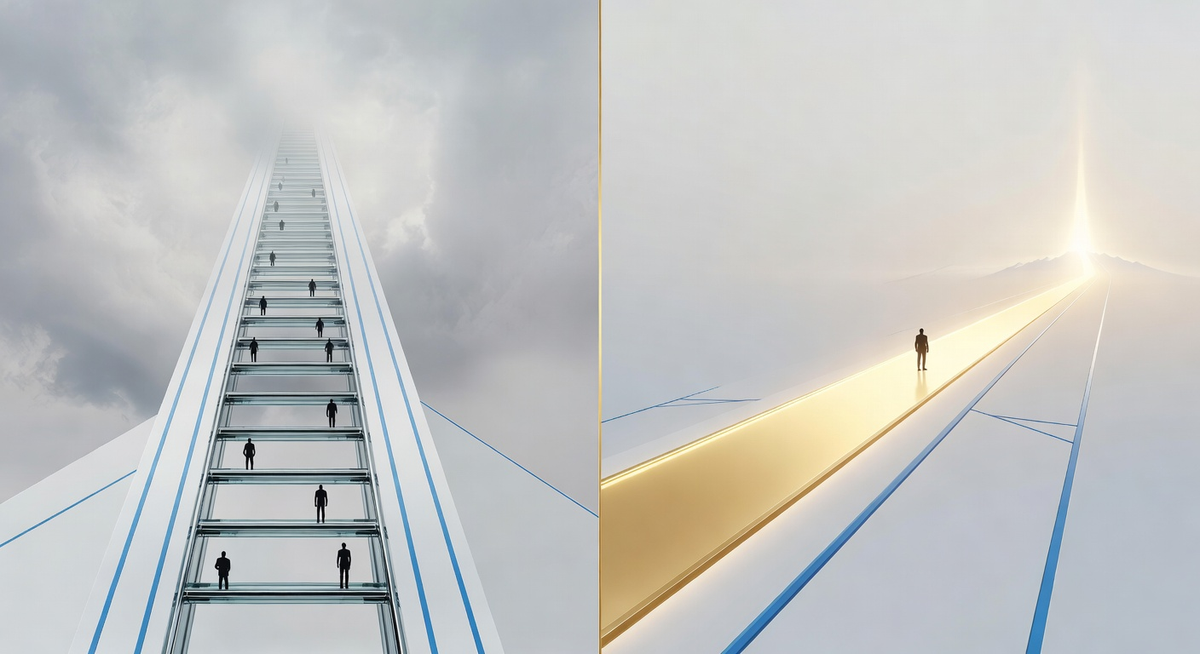 Split-panel illustration: corporate ladder (CD2 game) extending into cloudy sky on left, golden mission path leading to distant beacon on right