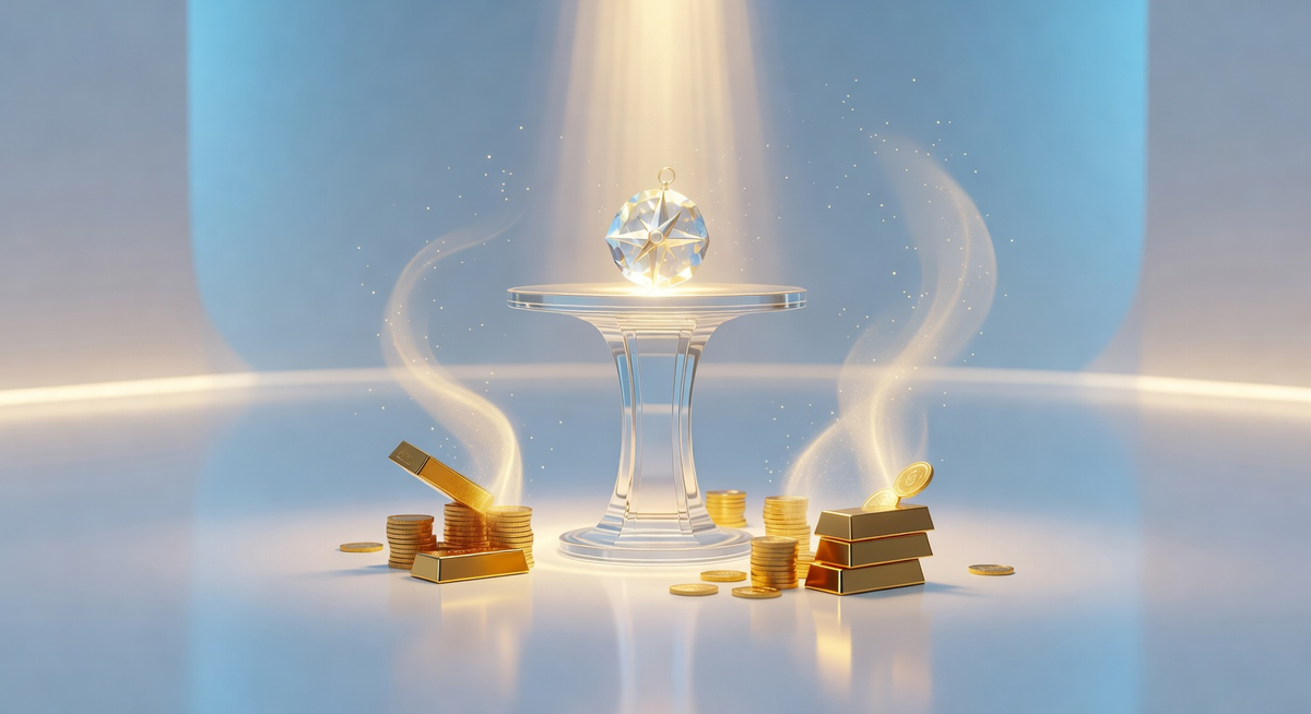 Symbolic illustration of gold bars dissolving into upward-flowing light around a crystal on a glass pedestal - representing sacrificial decisions that prove mission is real