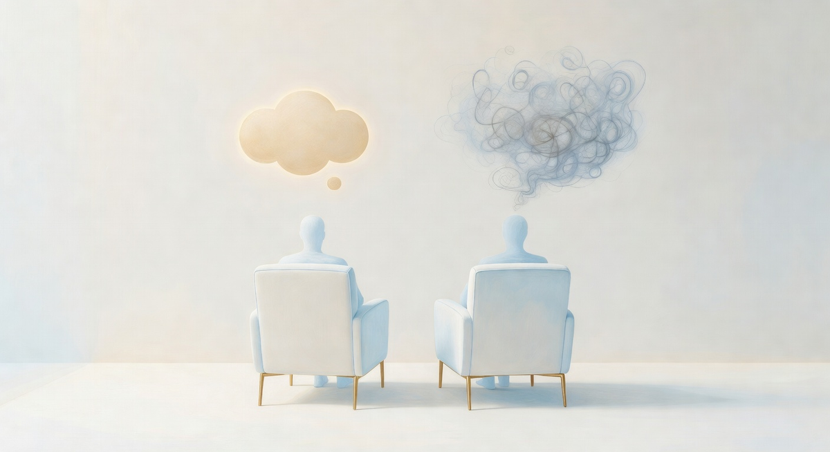 Content NPC vs Victim NPC: two seated figures with the same outward stuckness but radically different inner states — one calm, one tangled in unspent dreams and resentment