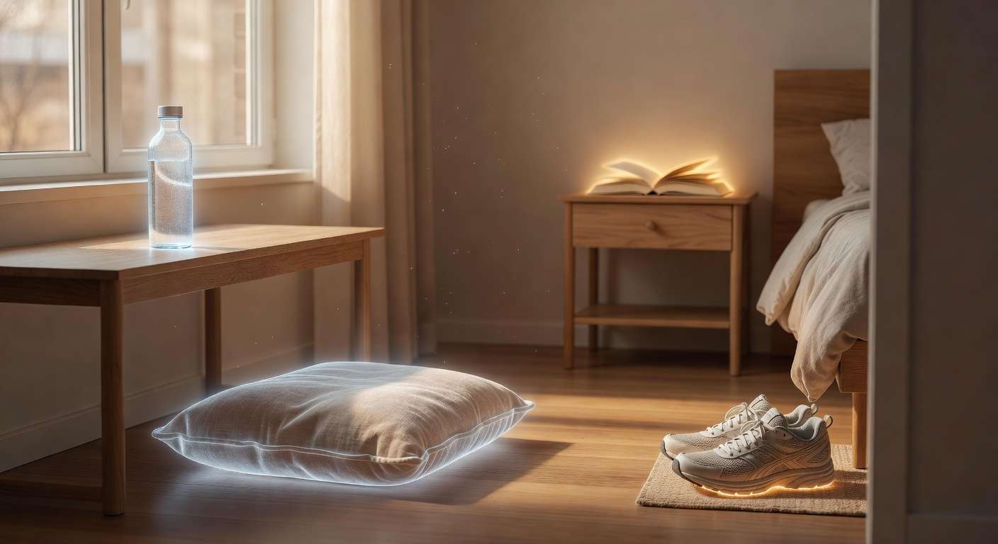 Environment designed for positive habit formation showing meditation cushion, water bottle, running shoes, and book as behavioral cues