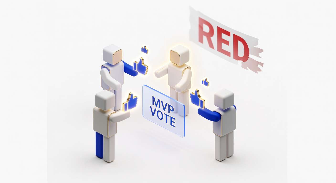 Post-match MVP voting scene with four players giving thumbs-up as the red loss banner fades, illustrating Core Drive 5 social recovery after defeat