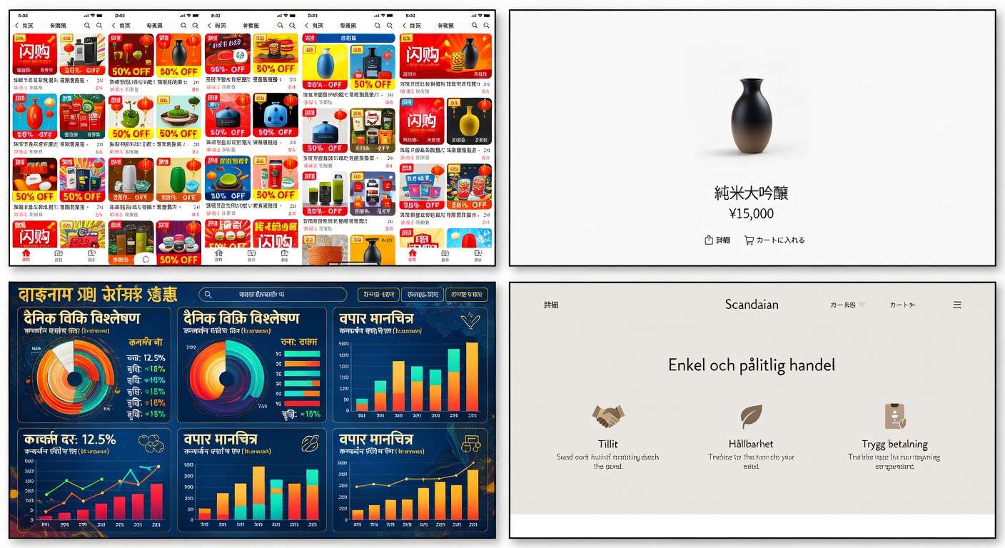 Four cultural design approaches showing how Chinese, Japanese, Indian, and Scandinavian markets respond to different interface complexity