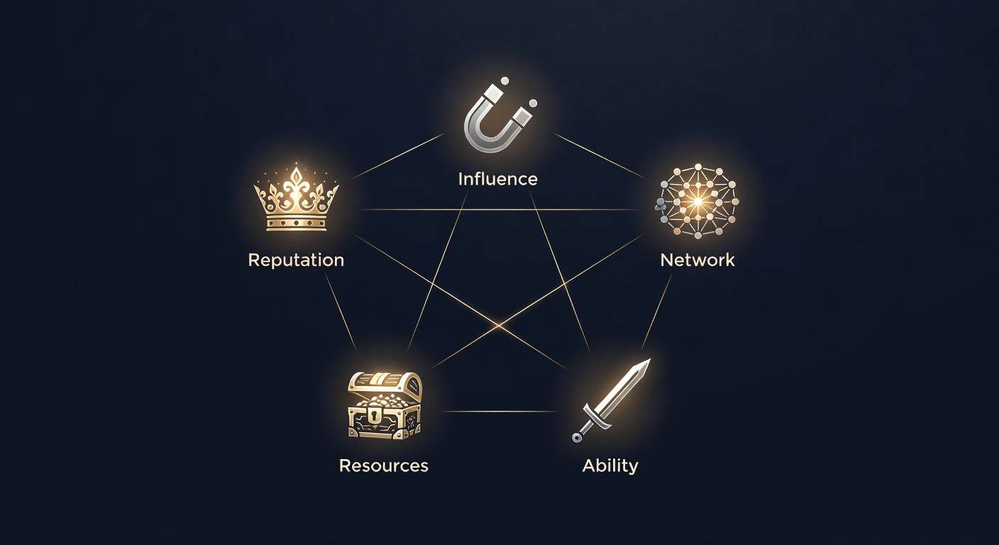 The Five Powers system - Reputation, Influence, Network, Resources, and Ability