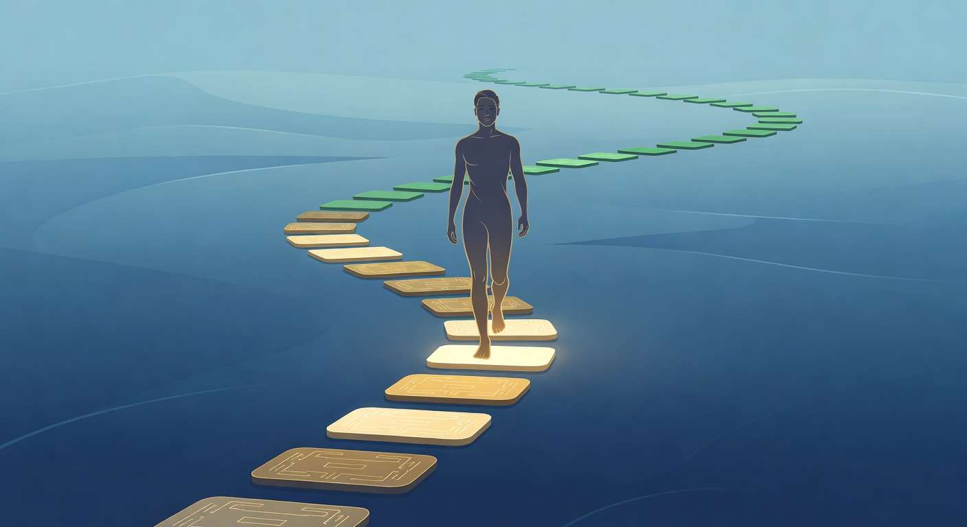 Anti-friction flow state — stepping stones lighting up one at a time, illustrating sequential clarity in product UX