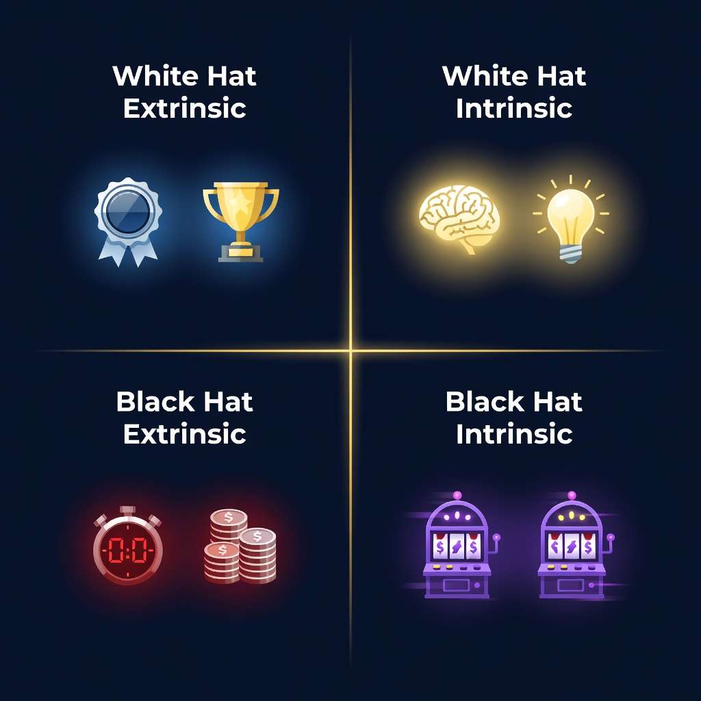 Four quadrant diagram showing White Hat vs Black Hat and Extrinsic vs Intrinsic gamification — Octalysis complexity design