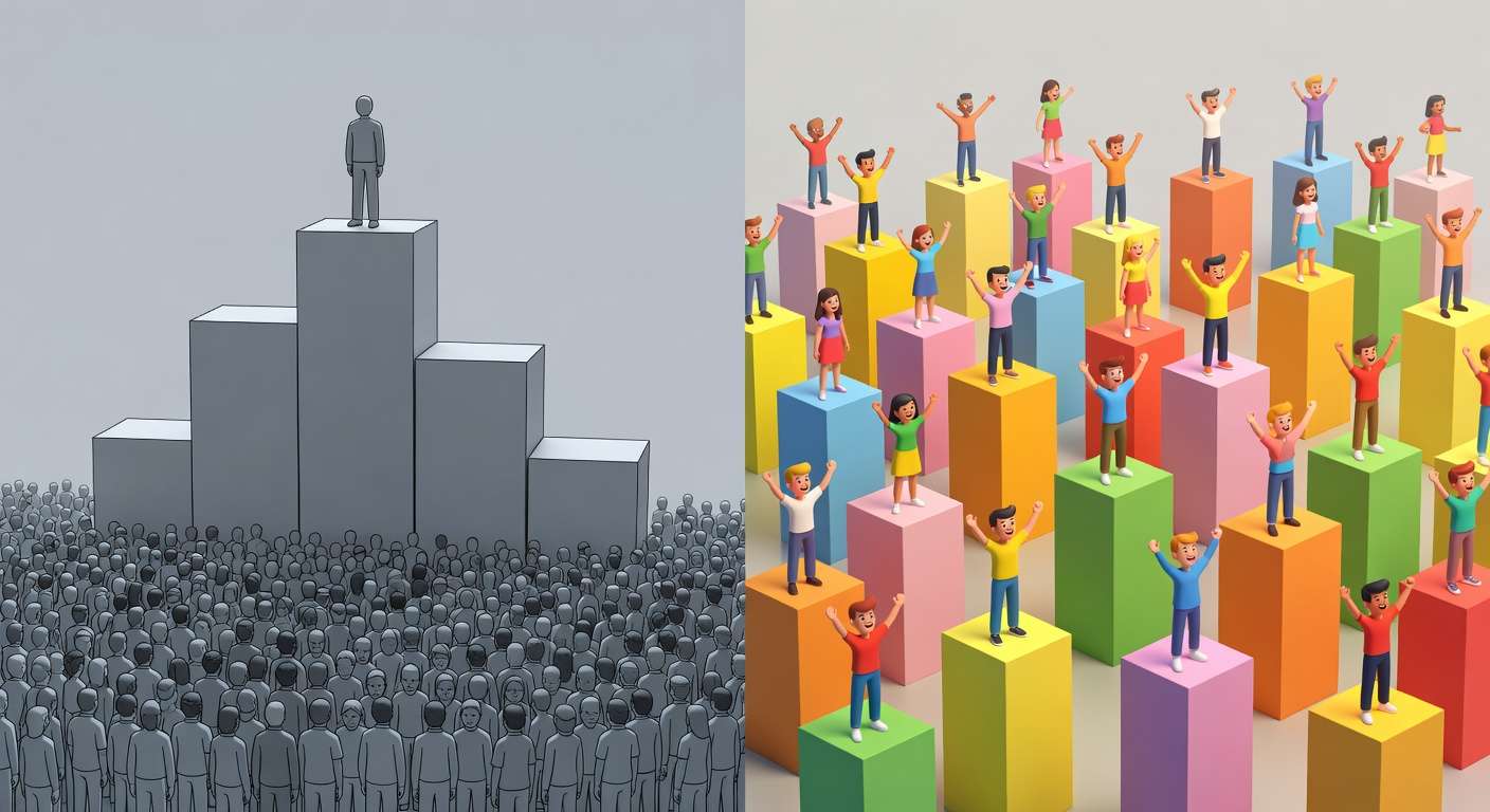 Traditional single leaderboard creating one winner and thousands of losers versus micro-spliced leaderboards where many users find categories where they rank number one