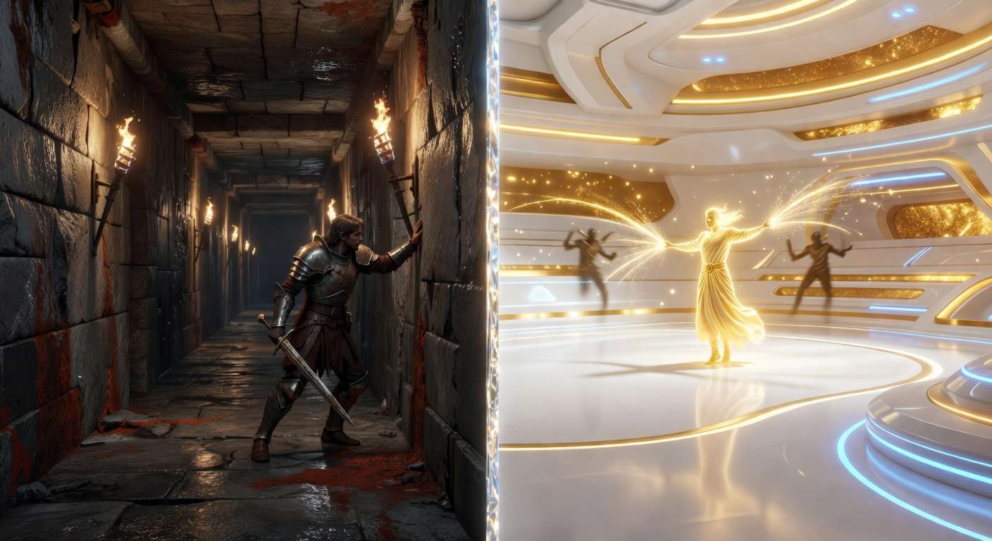 Split scene comparing Diablo 2 mortal hero in dark dungeon versus Diablo 3 overpowered demigod in theme park arena — meaningful friction in game design