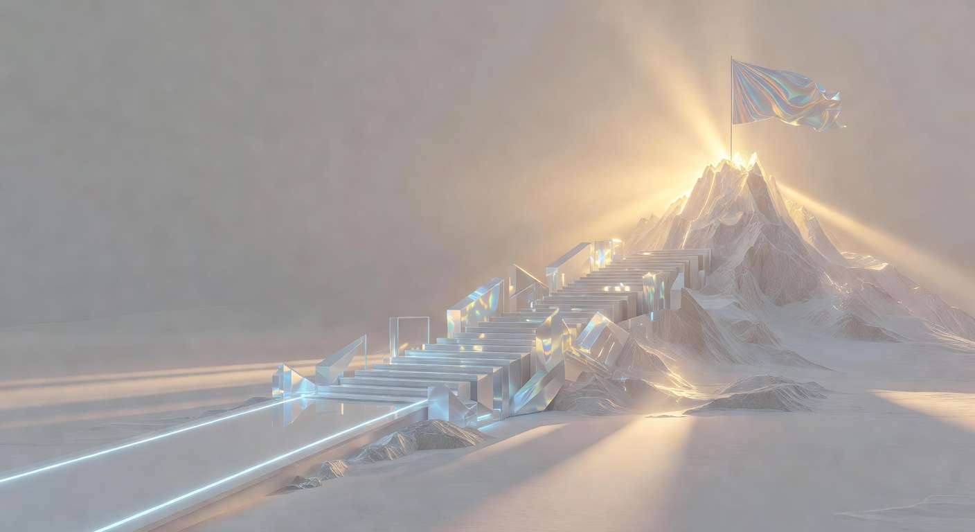 Progression path from smooth onboarding road through scaffolding challenges to endgame mountain summit — friction strategy by user phase
