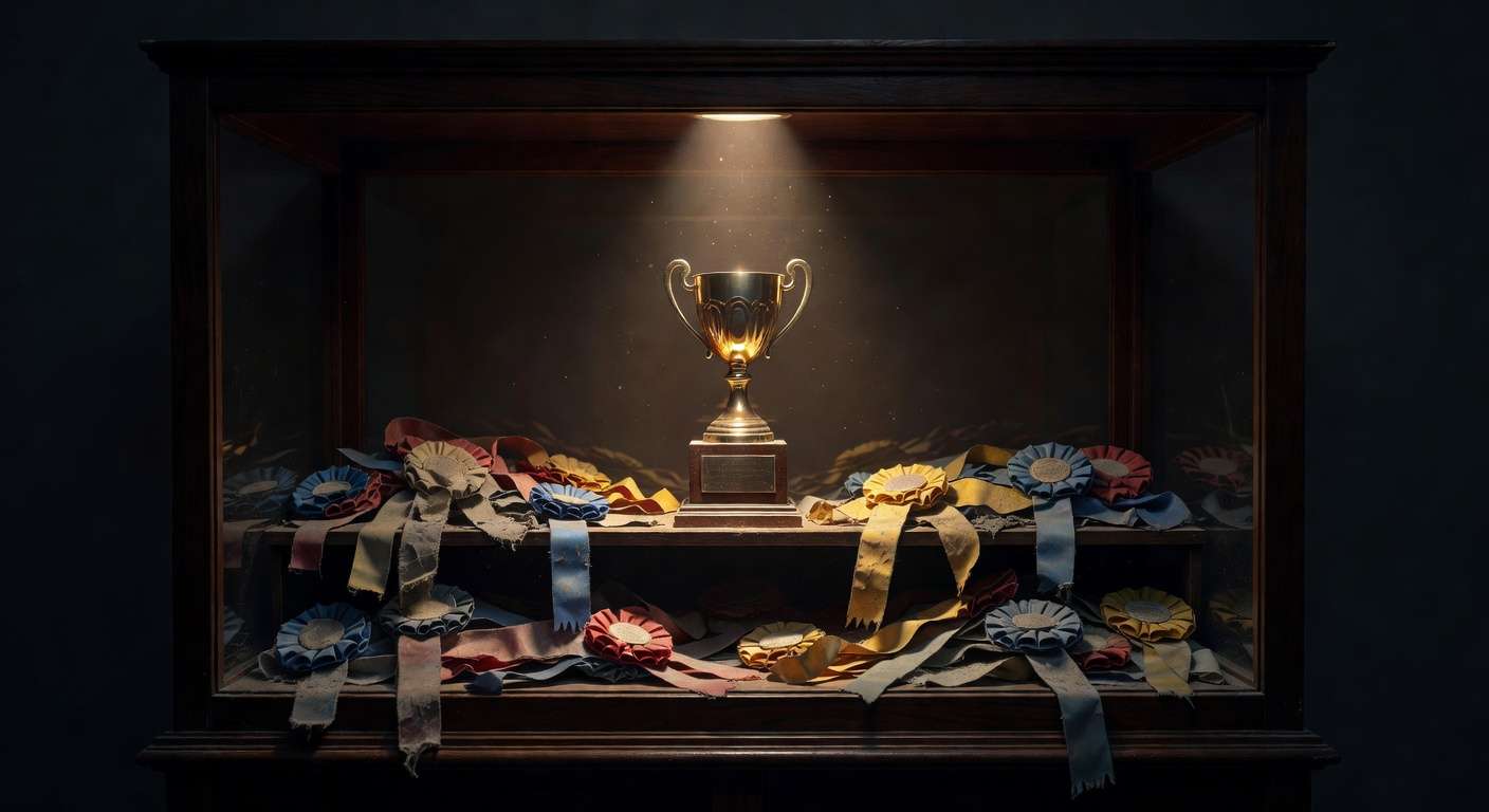 Single glowing trophy surrounded by dull participation ribbons showing meaningful vs trivial achievement