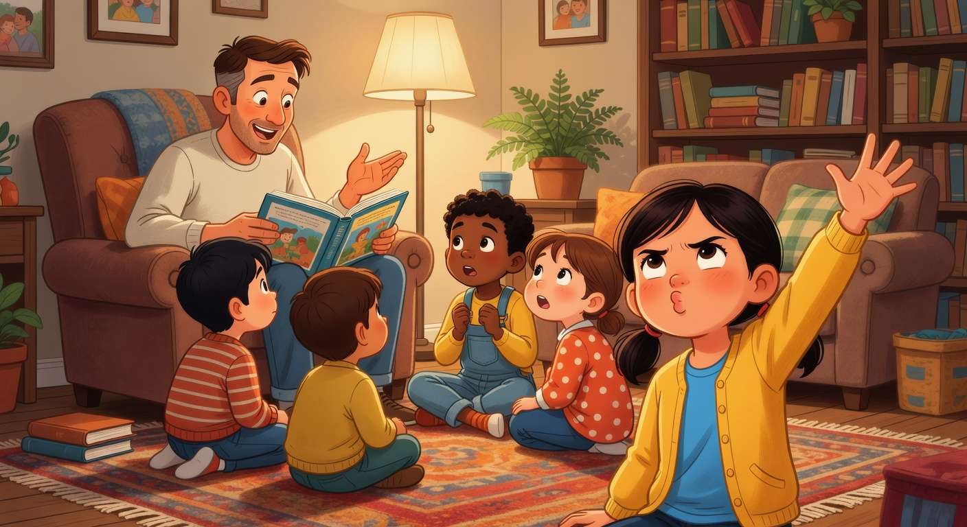 Father and daughter during storytime with the daughter raising a skeptical challenge to the story