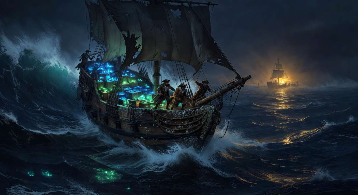 Bootleg quest mechanic illustration showing a ship carrying accumulated progress across dangerous waters toward a safe milestone harbor
