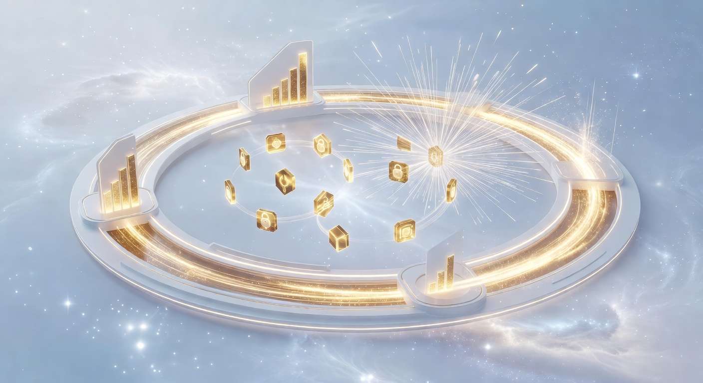 Self-reinforcing game loop diagram: Level Up unlocks Boosters, Boosters accelerate Progress, Progress drives the next Level Up — visualized as a closed circular flow with arrow icons between four stages.