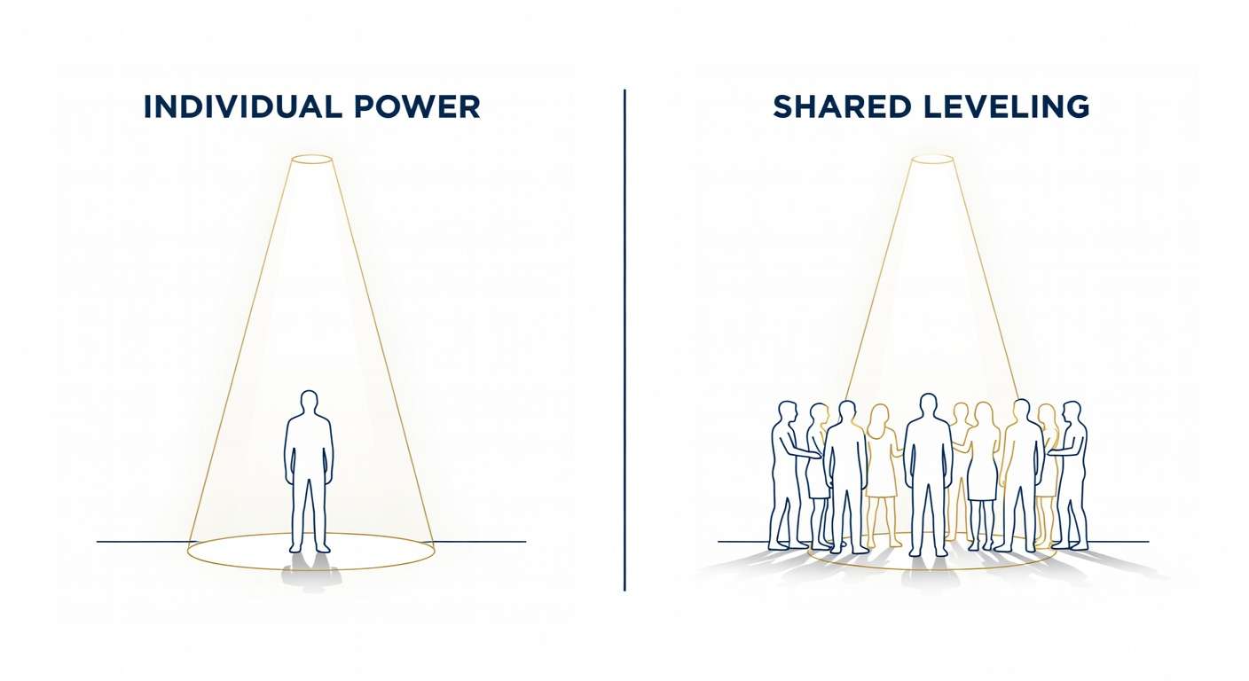 Diagram comparing individual power recognition (spotlight on one player) versus shared leveling (even light across team) — the design tradeoff between recognition and blame in game communities