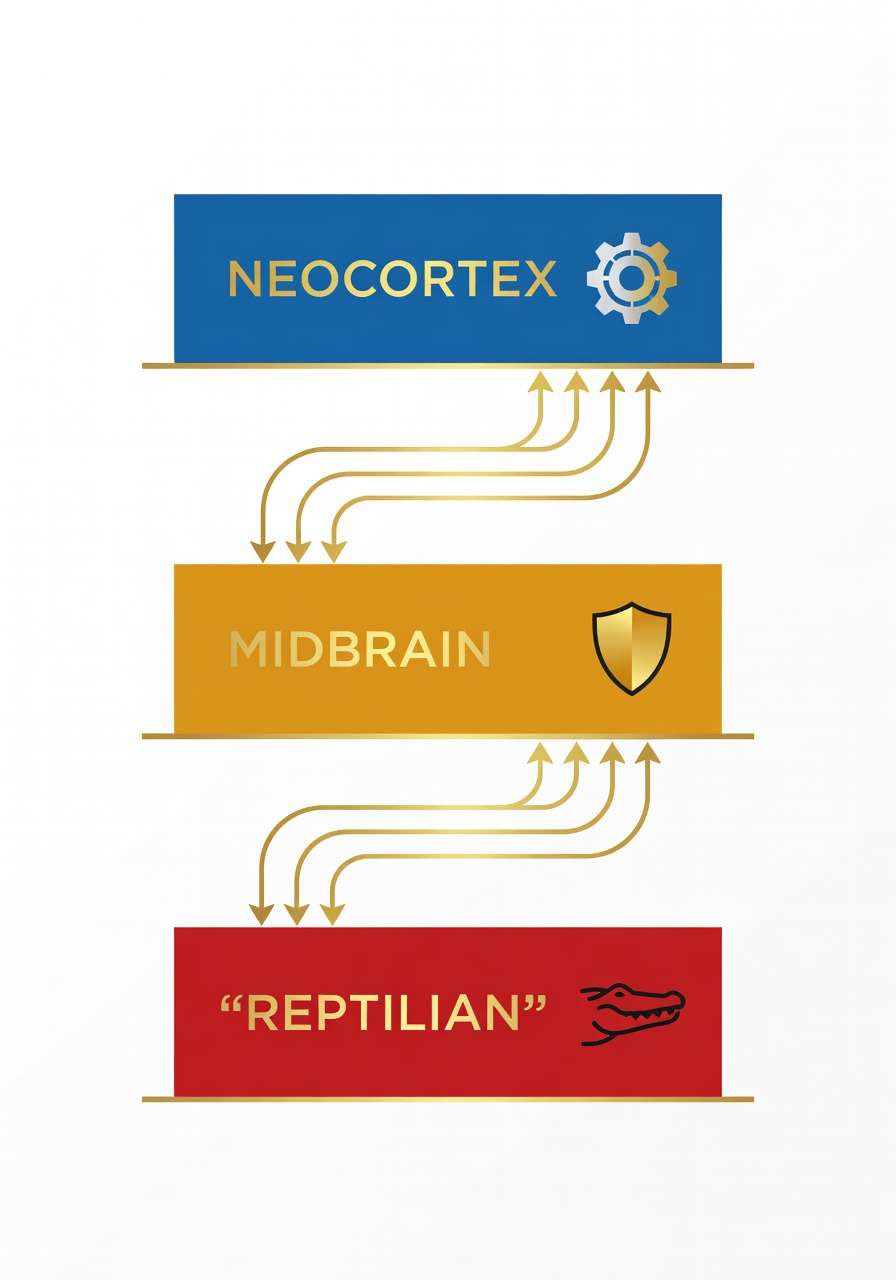 The Triumphant Brain Theory showing three gatekeepers: Crocodile Brain, Midbrain, and Neocortex