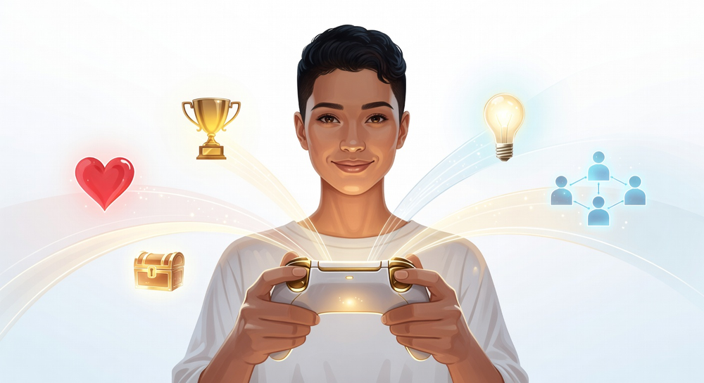 Five glowing Core Drive icons (heart, trophy, lightbulb, social network, treasure) radiating from a video game controller — illustrating the Octalysis Core Drives gaming exercises in players.