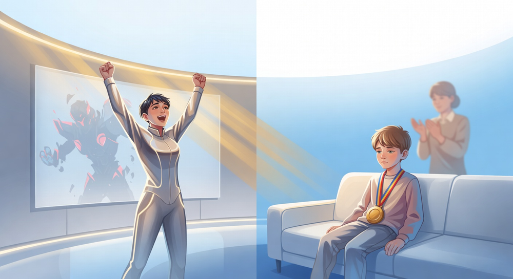 Split scene: a young person celebrating defeating a hard boss on the left, a child wearing a participation medal looking unimpressed while a parent claps on the right — illustrating earned accomplishment versus hollow praise.