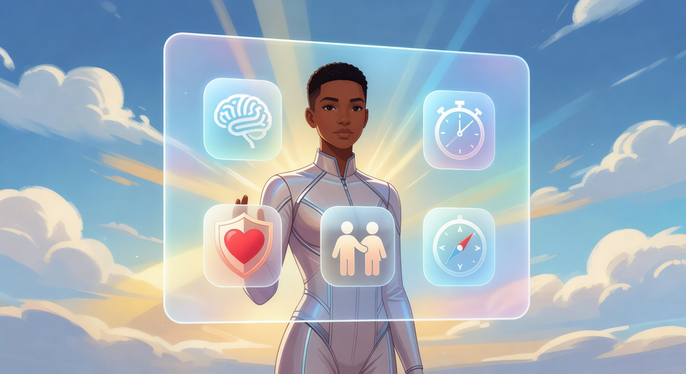 A young person standing in front of a holographic stat panel with five rounded icons (brain, stopwatch, heart-with-shield, two figures linked, compass) — visualizing turning gaming hours into real-life leveling.