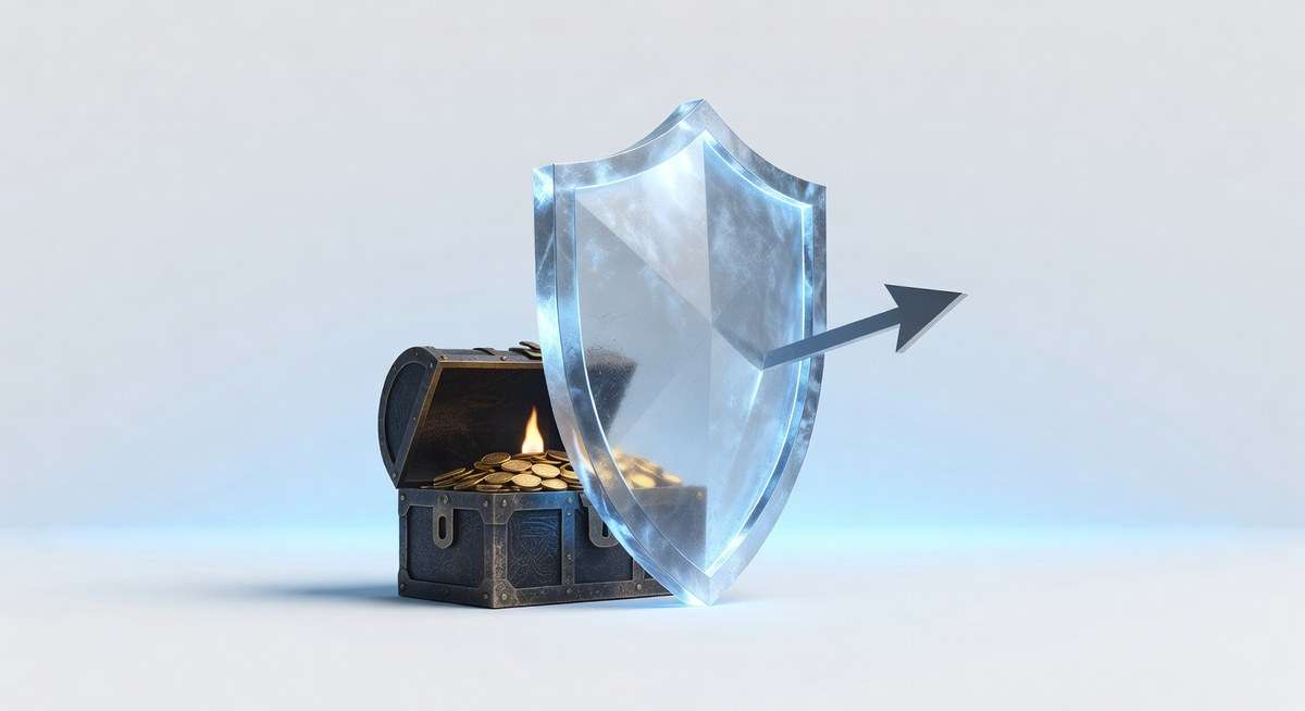A glowing shield deflecting a creative experiment arrow away from a treasure chest, illustrating CD8 Loss Avoidance crushing CD3 and CD7
