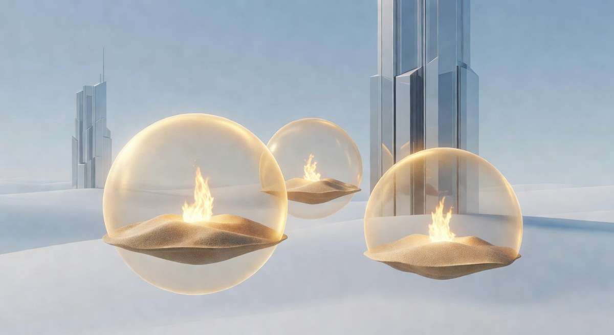 Glowing flames of curiosity protected inside translucent gold sandboxes amid cool brand-fortress towers, illustrating CD8-suppressed creative spaces inside a successful career