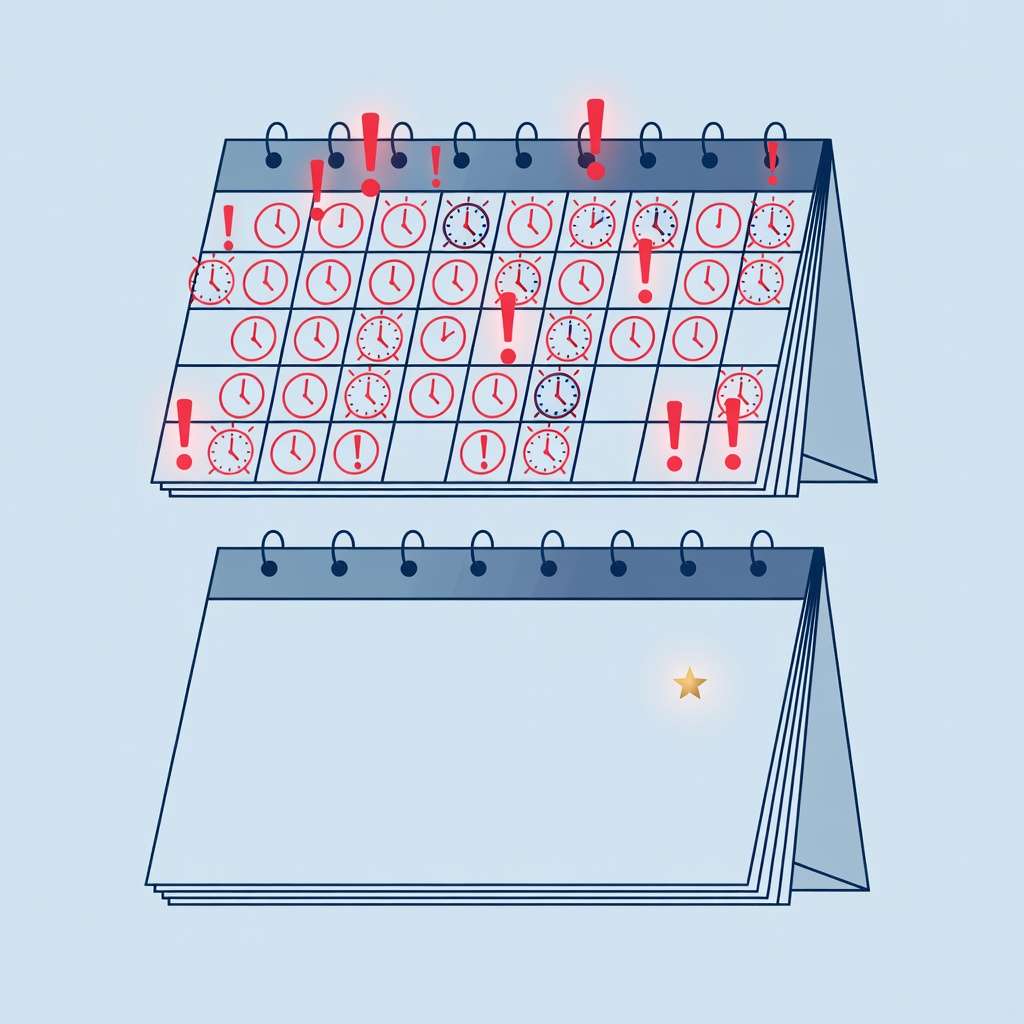 Two calendars side by side: one overflowing with urgent items and warning icons, the other empty with one faint star representing meaningful work waiting