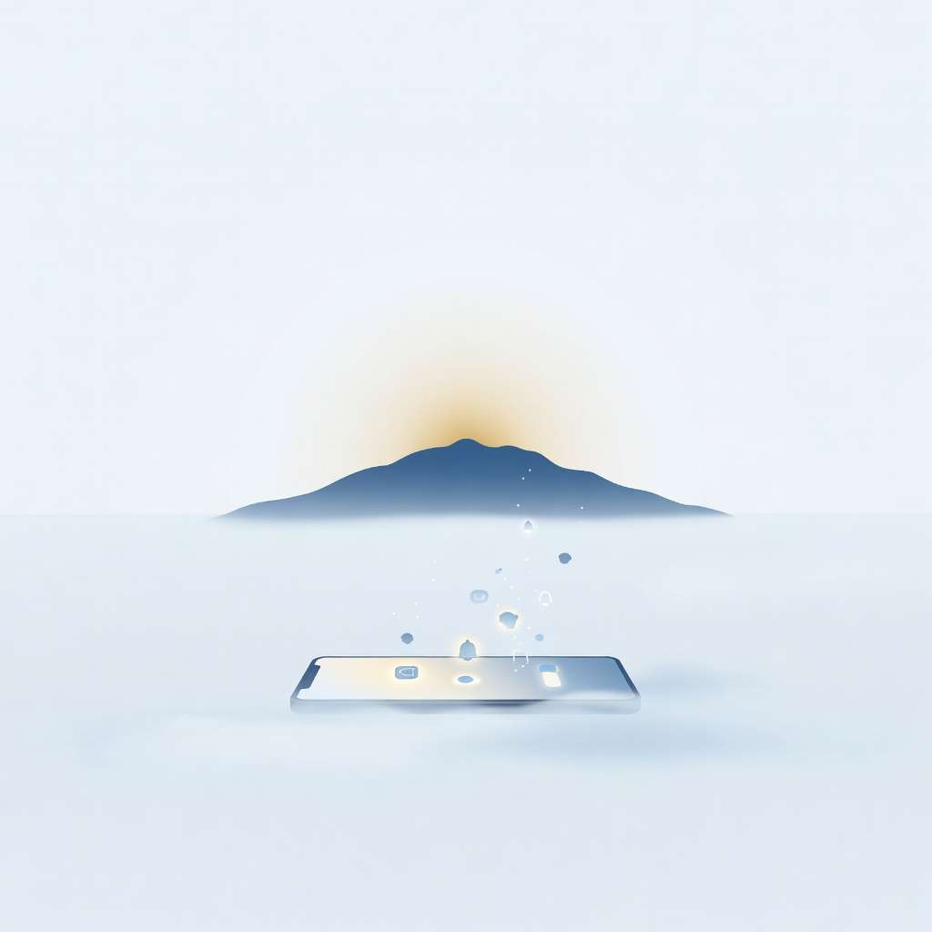 A small mountain at sunrise with a phone in the foreground switching off and notification icons dissolving away