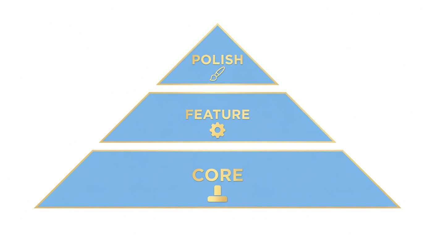 Hypothesis hierarchy pyramid: Core at the base, Feature in the middle, Polish at the top