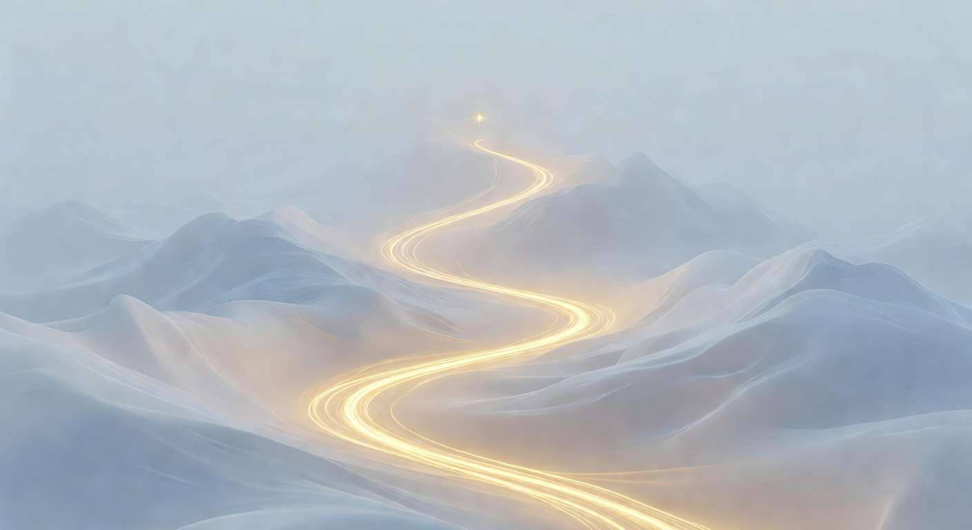 A golden winding path through pale blue mountains leading to a distant star — the journey, not the destination