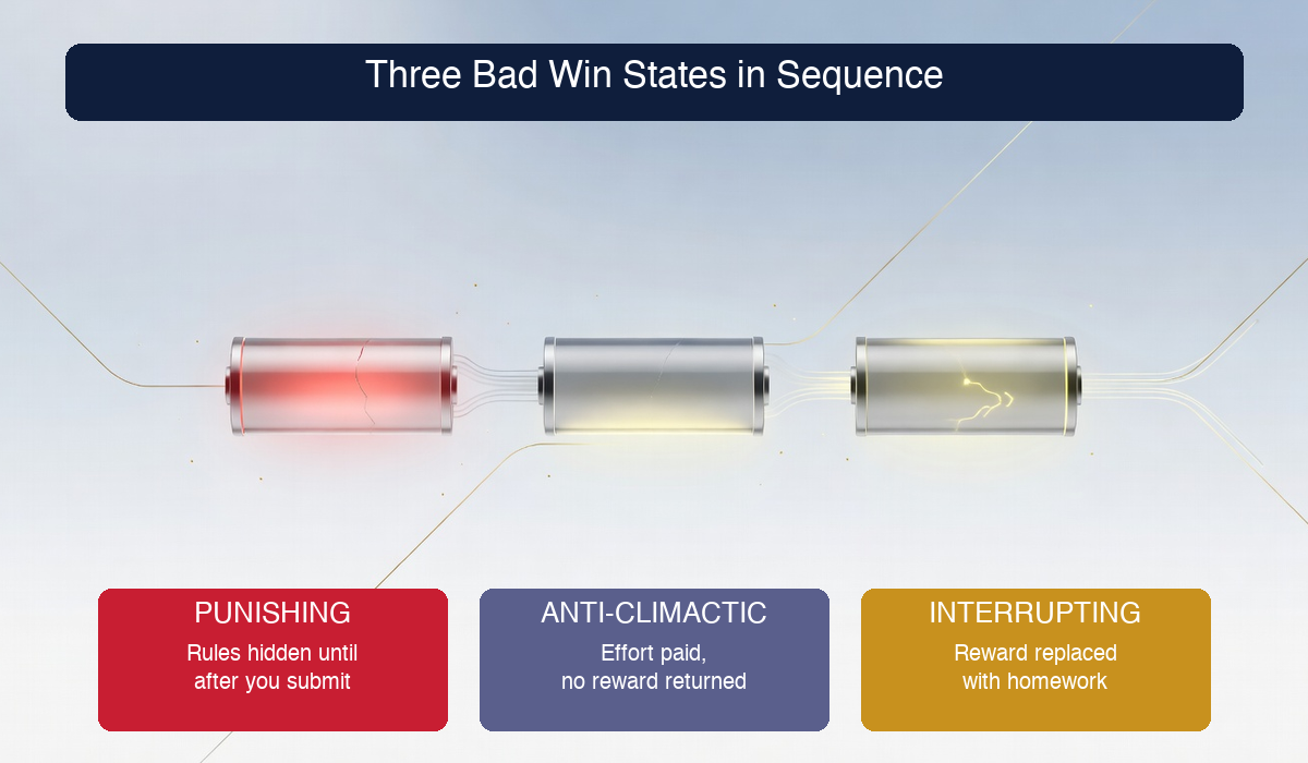 Diagram showing three bad win states in a typical sign-up flow: punishing (rules hidden until submit), anti-climactic (effort paid, no reward), and interrupting (reward replaced with homework).