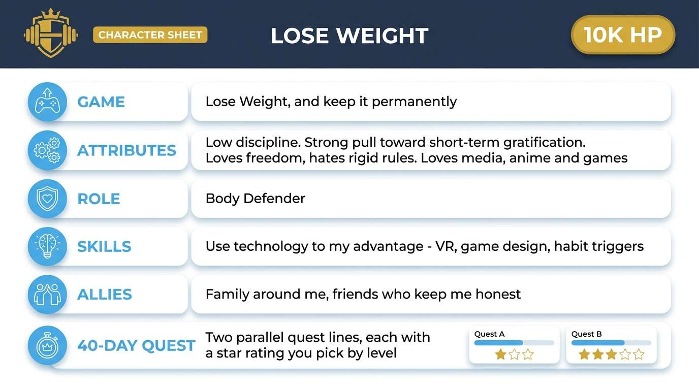 10,000 Hours of Play character sheet for the game Lose Weight — game, attributes, role, skills, allies, and a 40-day quest