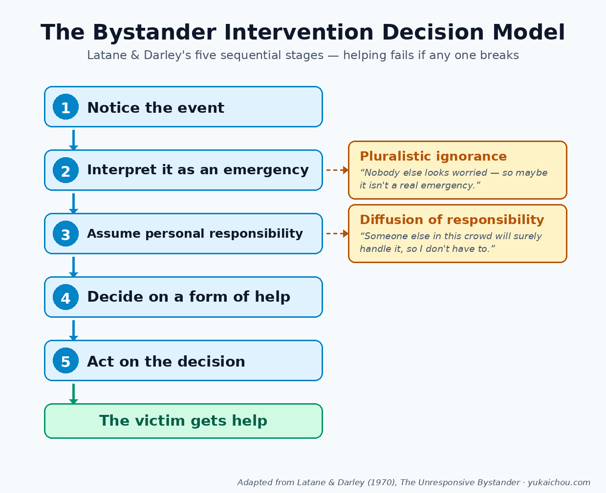 Latané and Darley's five-stage bystander intervention decision model: notice the event, interpret it as an emergency, assume personal responsibility, decide on a form of help, and act — with pluralistic ignorance and diffusion of responsibility as the two failure points