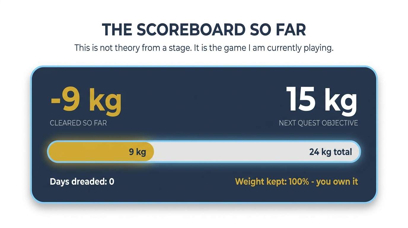 Play-based weight-loss scoreboard — 9 kg cleared, 15 kg next objective, weight kept because you own it