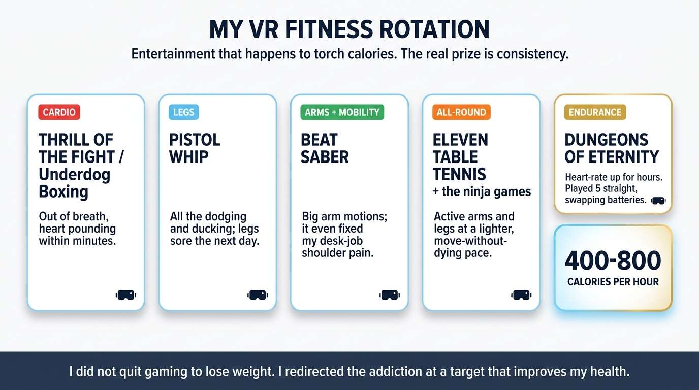 VR fitness game rotation for weight loss — boxing, Pistol Whip, Beat Saber, Eleven Table Tennis, and Dungeons of Eternity, 400 to 800 calories per hour
