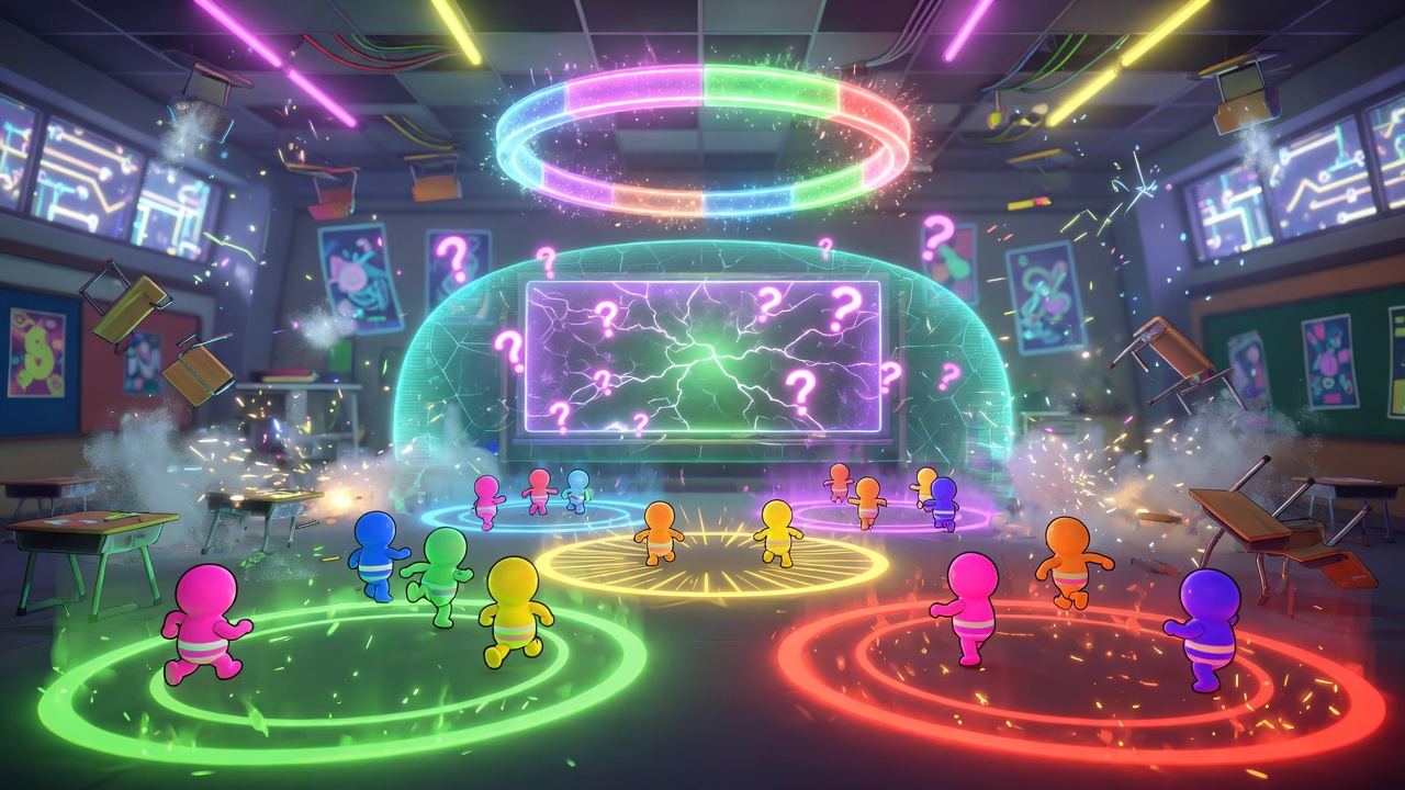 Illustration of the Duo Boss Fight classroom arena: twenty players spread across three glowing answer zones under a countdown ring, facing a shielded chalkboard boss