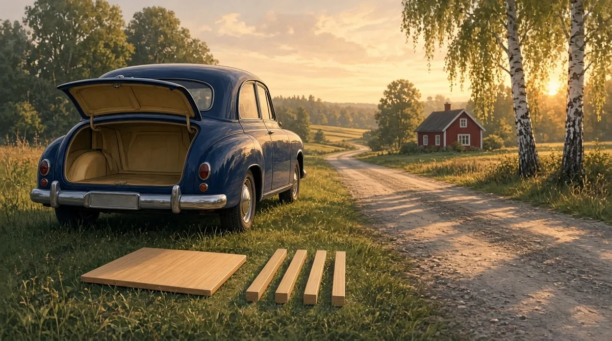 Illustration of a 1950s car with its trunk open beside a flat table top and four detached legs, the flat-pack idea behind IKEA's low prices