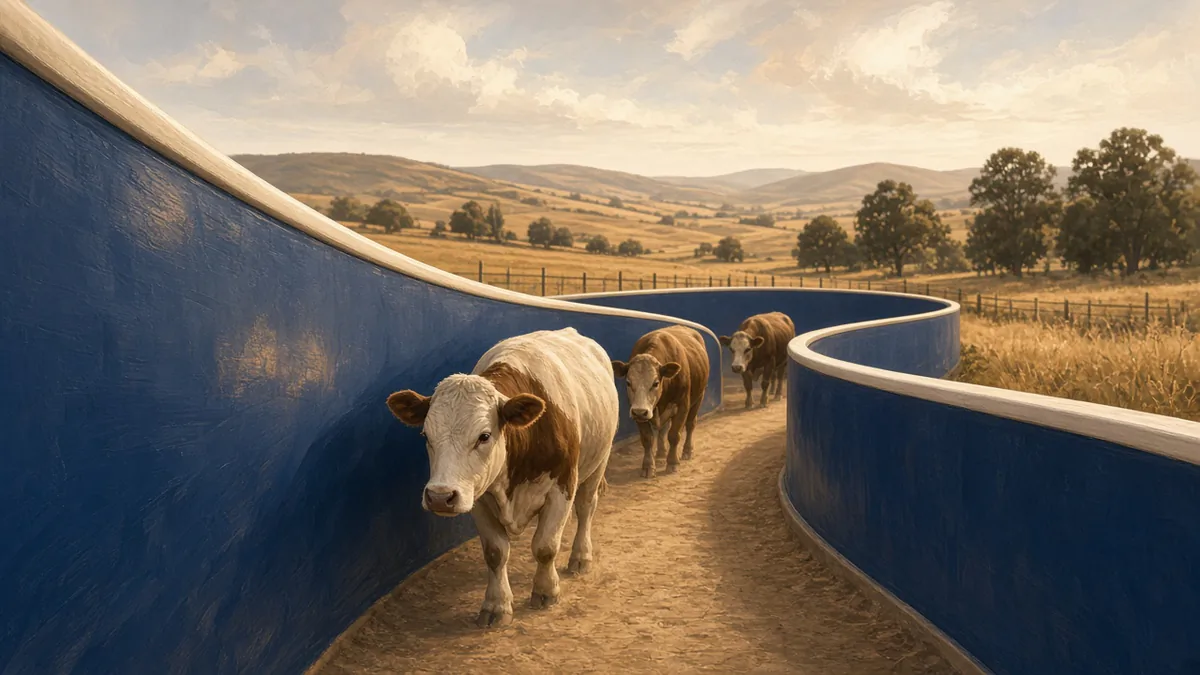 Illustration of cattle walking calmly through a curved, solid-walled chute at the animals' eye level, the kind of design Temple Grandin produced