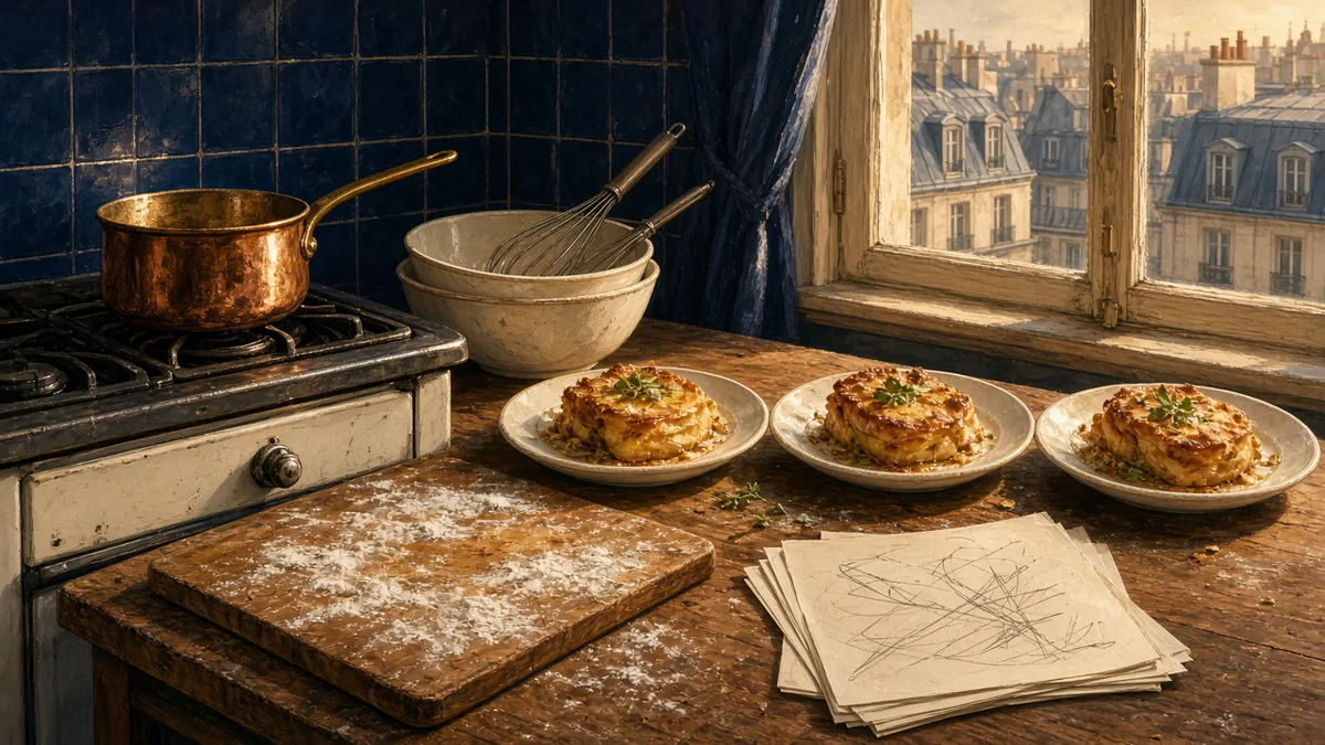 Illustration of a 1950s Paris kitchen with a copper pan and the same dish plated three times, evoking Julia Child testing one recipe again and again