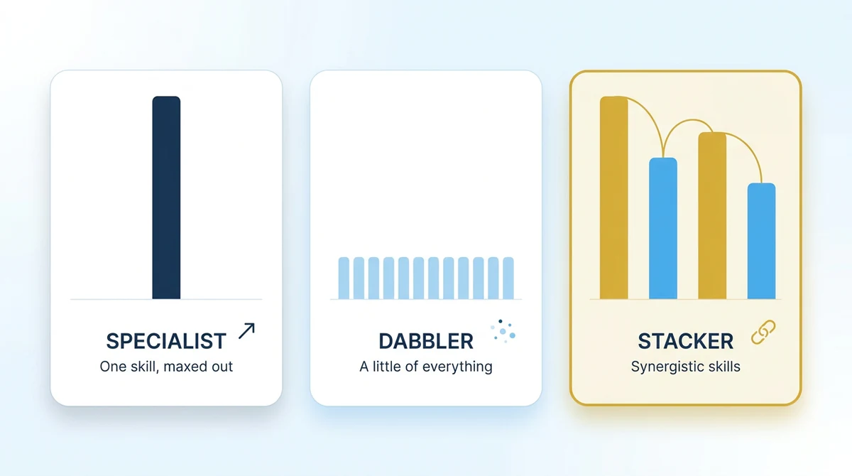Diagram of three ways to build skills: a Specialist with one maxed-out skill, a Dabbler with a little of everything, a Stacker with synergistic skills