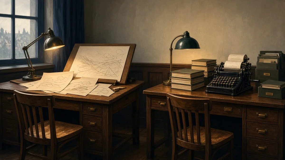 Illustration of two 1930s studio desks side by side, one covered in sketches and one with ledgers, for Walt Disney's creative work and Roy's finance work