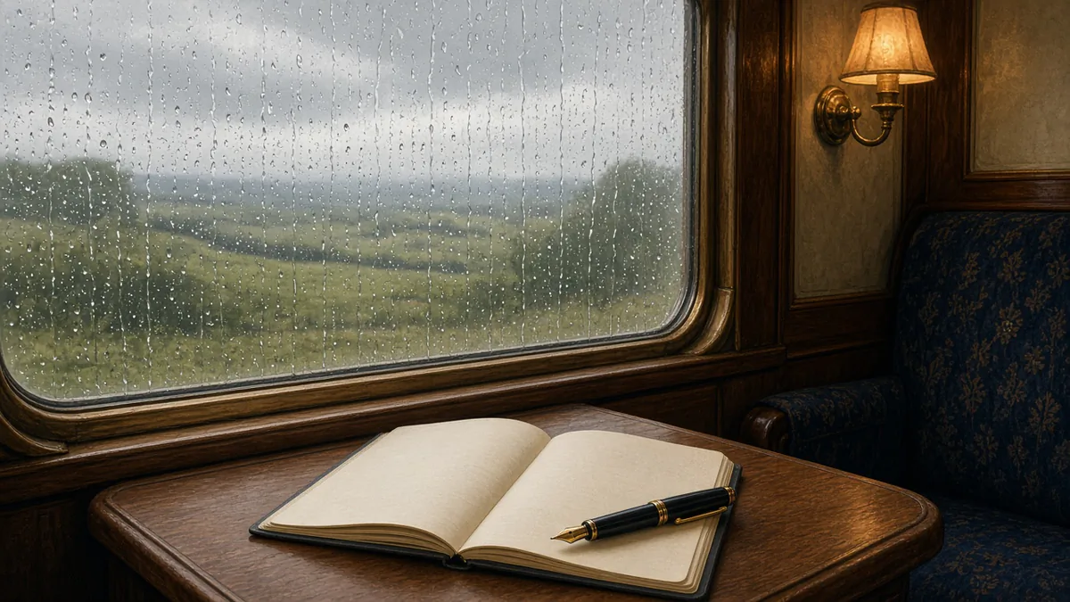 Illustration of a rainy train window with an open blank notebook and pen, evoking the delayed train where J.K. Rowling first imagined her story