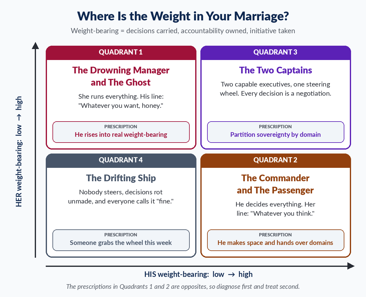 Marriage Reform Matrix diagram: his weight-bearing against hers, showing four quadrant marriages (Drowning Manager and Ghost, Commander and Passenger, Two Captains, Drifting Ship) and the prescription for each
